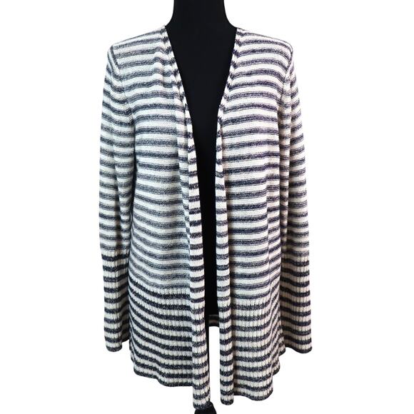Coldwater Creek Navy Blue Striped Long Cardigan COTTON LINEN Open Front Large - Picture 1 of 7